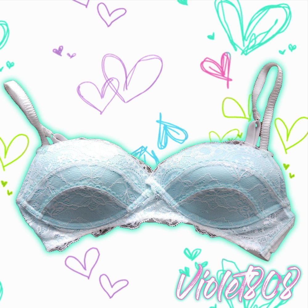 [36B] Jezebel Blue White Floral Lace Bow Mesh Bra